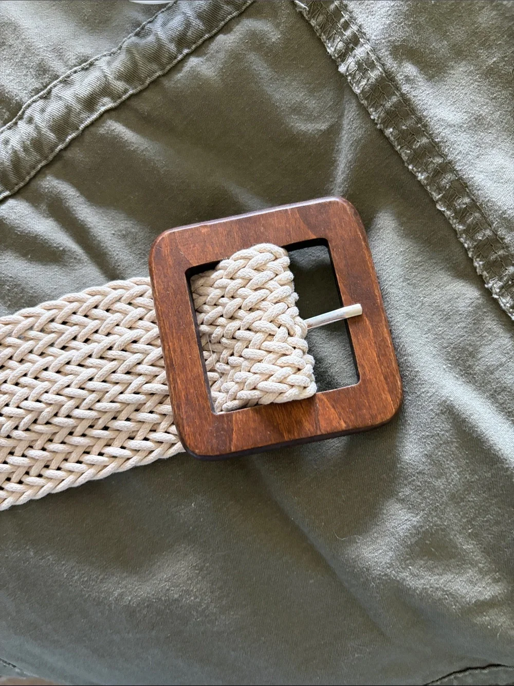 Braided Beige Cotton Belt with Wooden Square Buckle